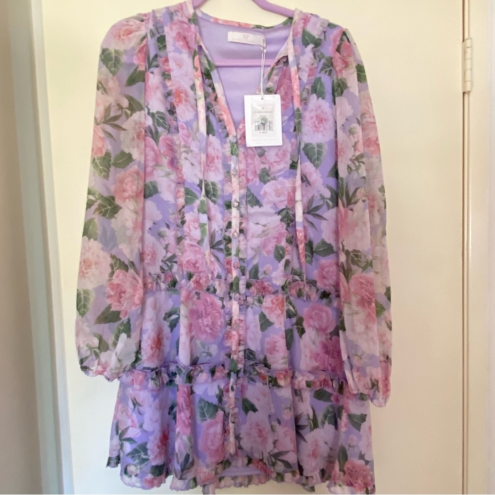 NWT Rachel Parcell Lilac Floral Lace Sleeve Ruffle Mini Dress - Picture 2 of 7